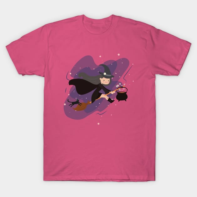 Kawaii Witch Flying in the moonlight With Her Black Cat and Cauldron T-Shirt by BicycleStuff
